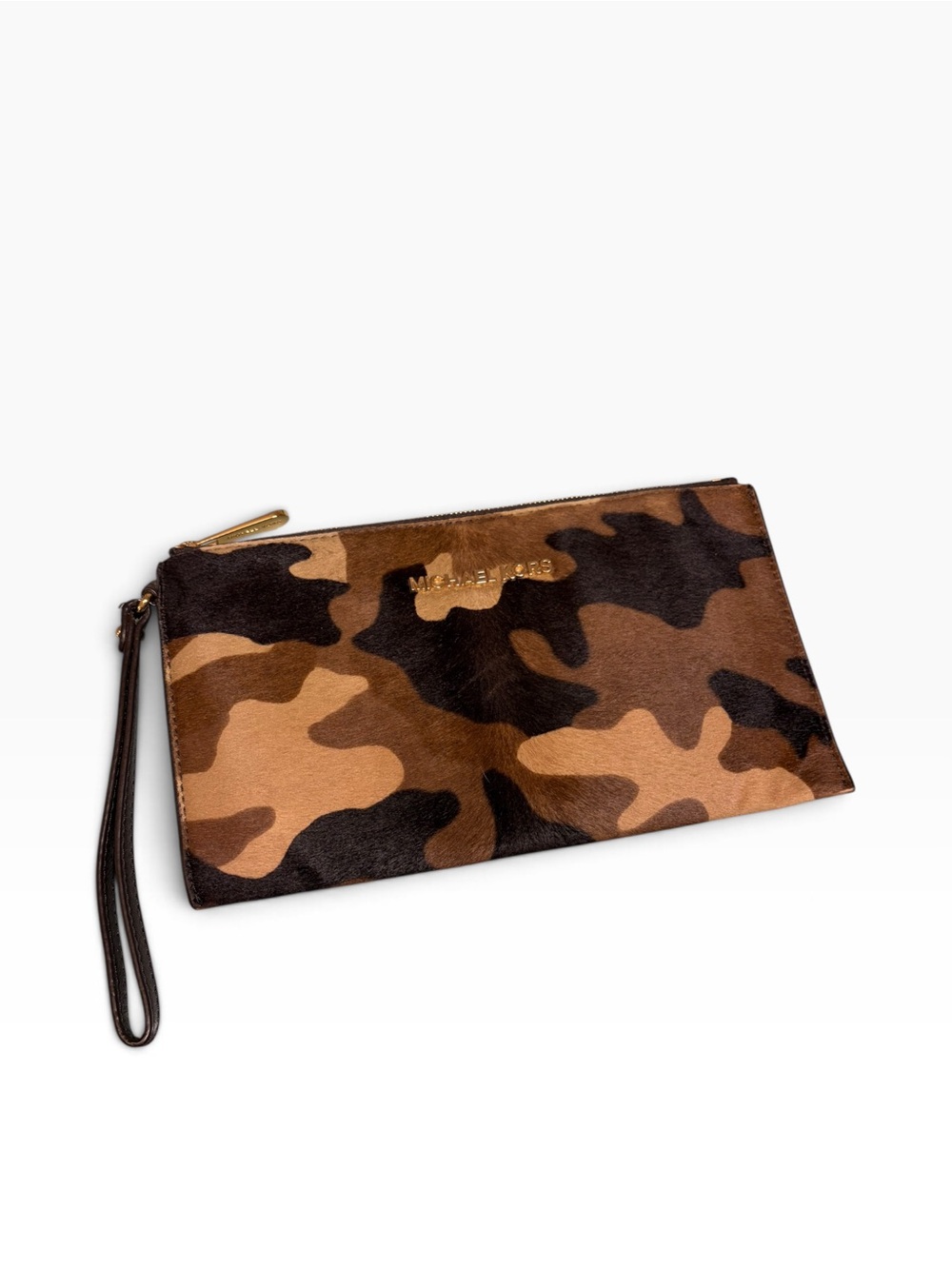 Michael Kors Brown Camo Calf Hair Wristlet Clutch Camoflage Bedford